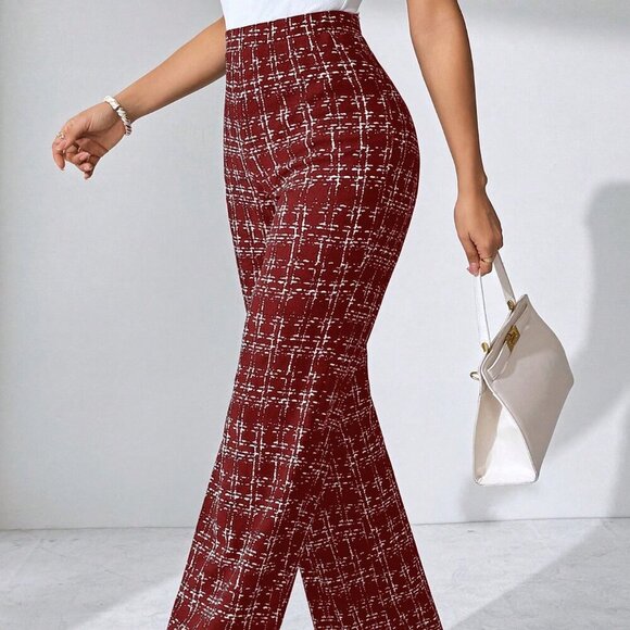 Pants - Burgundy Elegant Women's Plaid Knitted Pants